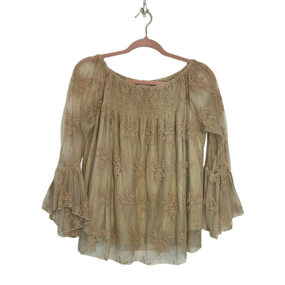 Paradiso Off The Shoulder Lace Long Sleeve Tan Cream Boho Blouse Size M